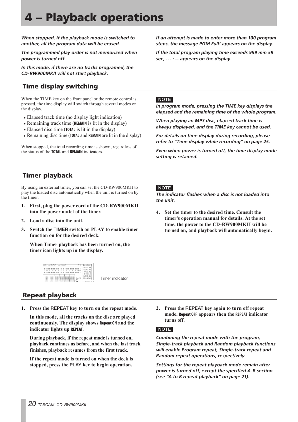 Time display switching, Timer playback, Repeat playback | 4 − playback operations | Teac CD-RW900MKII User Manual | Page 20 / 36