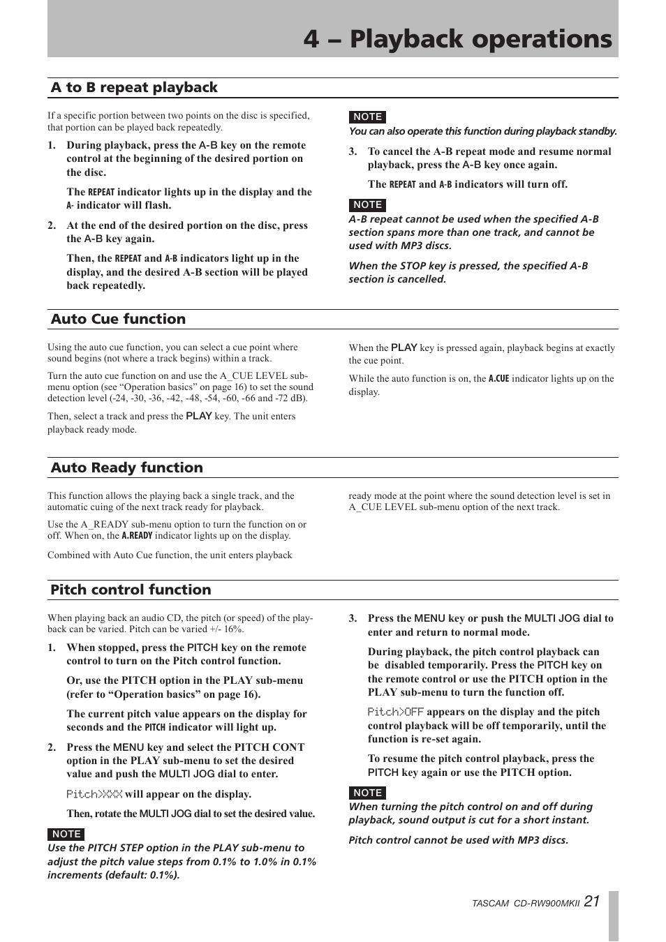 A to b repeat playback, Auto cue function, Auto ready function | Pitch control function, 4 − playback operations, Auto ready function pitch control function | Teac CD-RW900MKII User Manual | Page 21 / 36