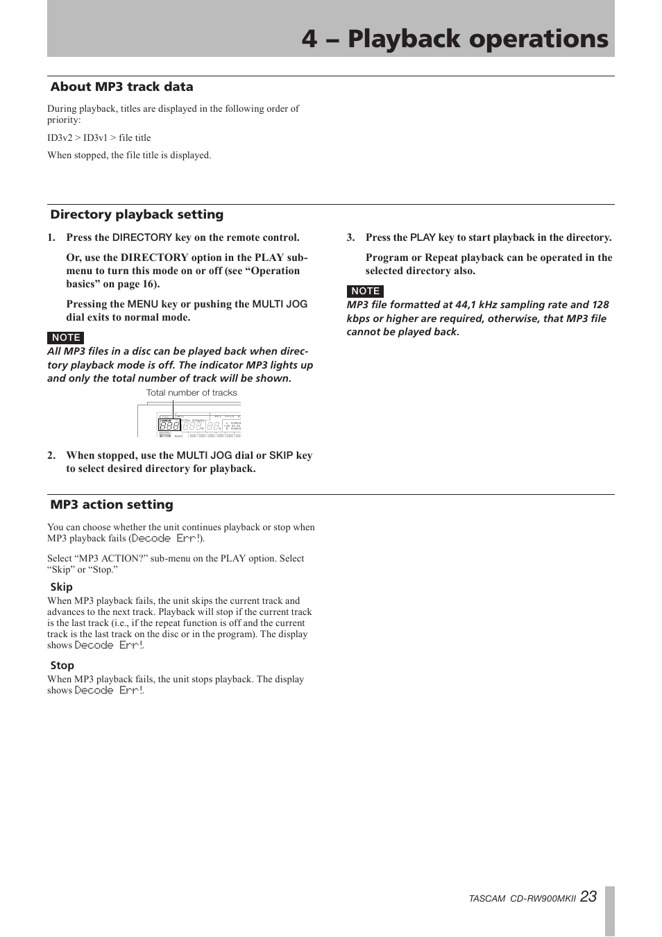 About mp3 track data, Directory playback setting, Mp3 action setting | 4 − playback operations | Teac CD-RW900MKII User Manual | Page 23 / 36