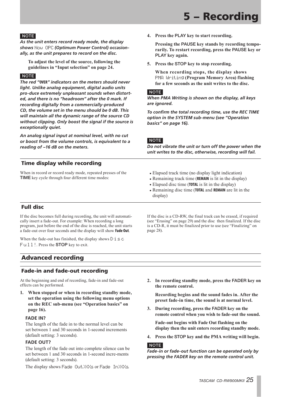 Time display while recording, Full disc, Advanced recording | Fade-in and fade-out recording, Time display while recording full disc, 5 − recording | Teac CD-RW900MKII User Manual | Page 25 / 36