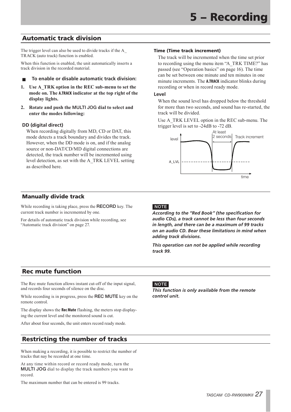 Automatic track division, To enable or disable automatic track division, Manually divide track | Rec mute function, Restricting the number of tracks, 5 − recording | Teac CD-RW900MKII User Manual | Page 27 / 36