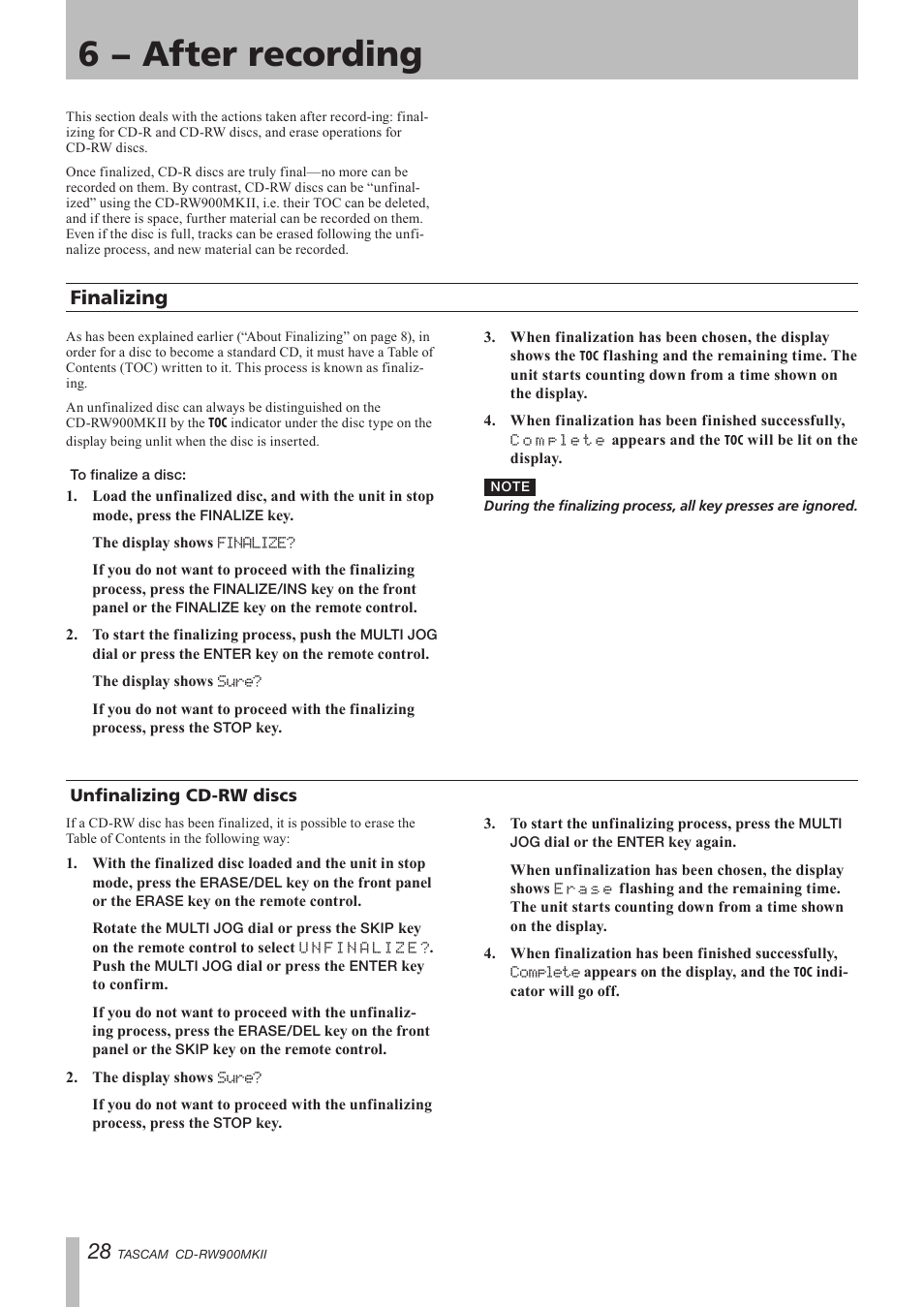 6 − after recording, Finalizing, Unfinalizing cd-rw discs | Teac CD-RW900MKII User Manual | Page 28 / 36