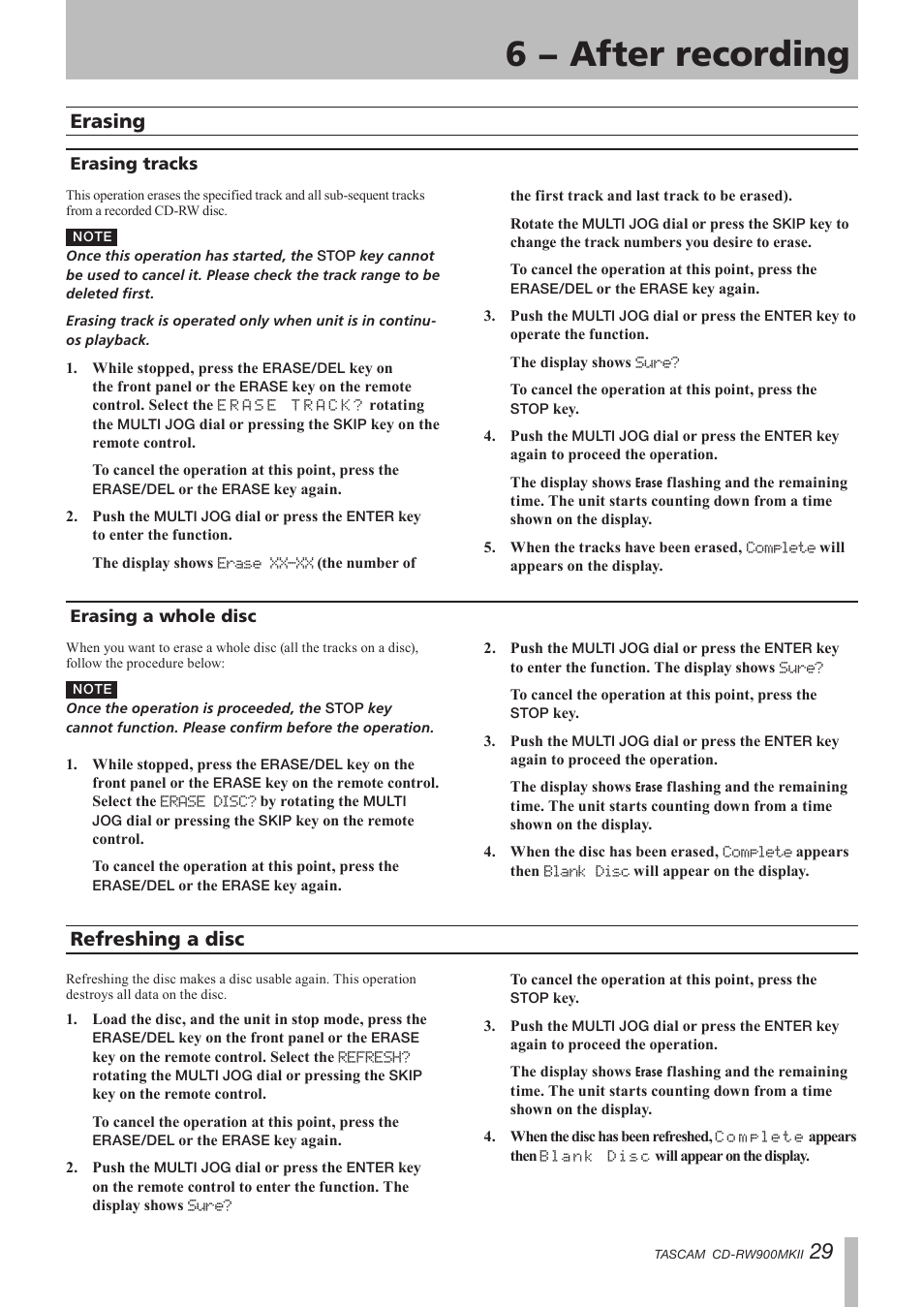 Erasing, Erasing tracks, Erasing a whole disc | Refreshing a disc, Erasing tracks erasing a whole disc, 6 − after recording | Teac CD-RW900MKII User Manual | Page 29 / 36