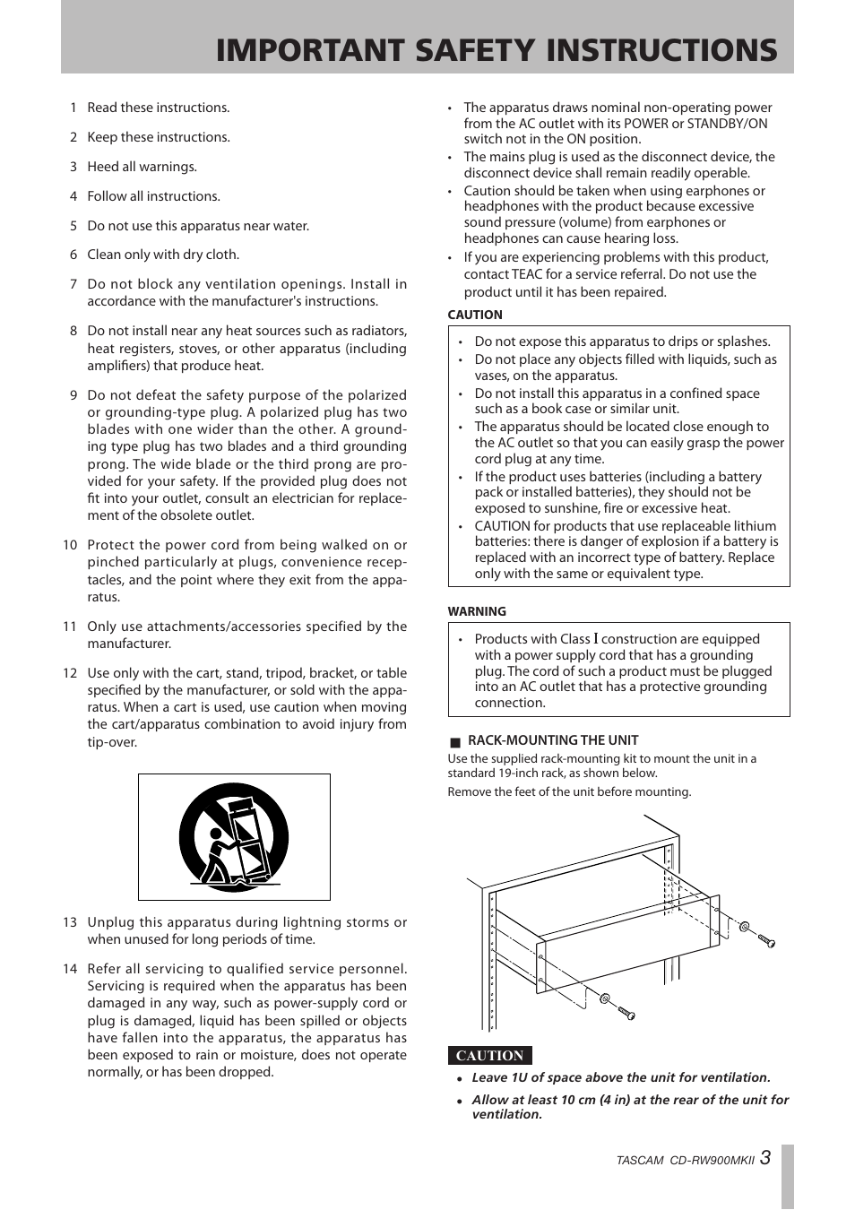 Important safety instructions | Teac CD-RW900MKII User Manual | Page 3 / 36