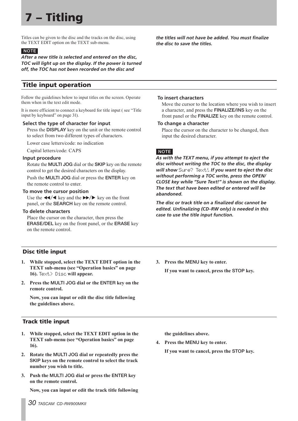 7 − titling, Title input operation, Disc title input | Track title input, Disc title input track title input | Teac CD-RW900MKII User Manual | Page 30 / 36