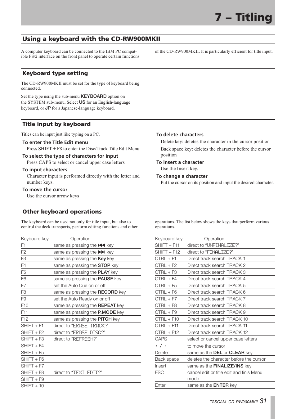 Using a keyboard with the cd-rw900mkii, Keyboard type setting, Title input by keyboard | Other keyboard operations, Using a keyboard with the cd-rw900mkii 31, 7 − titling | Teac CD-RW900MKII User Manual | Page 31 / 36