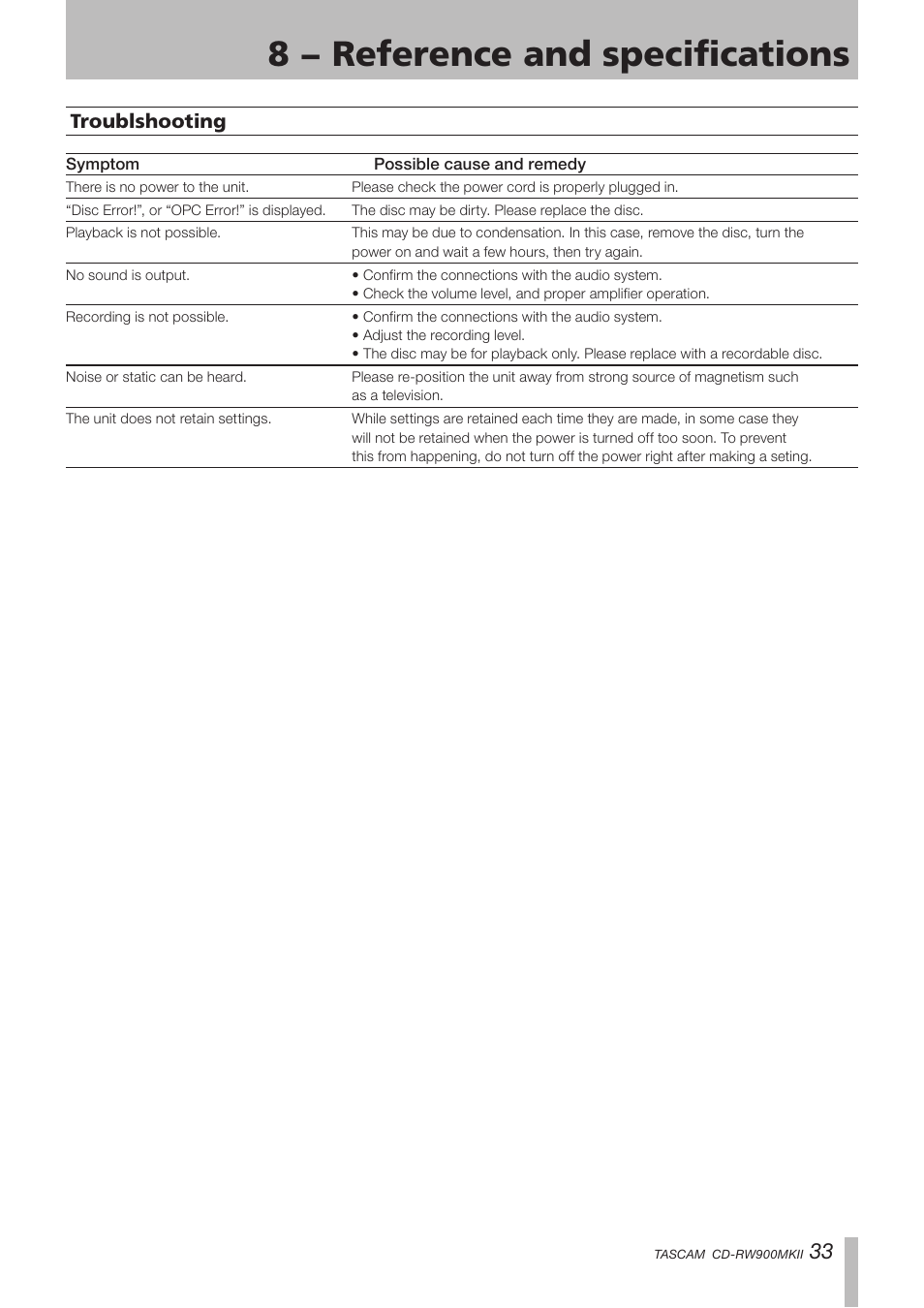 Troublshooting, 8 − reference and specifications | Teac CD-RW900MKII User Manual | Page 33 / 36