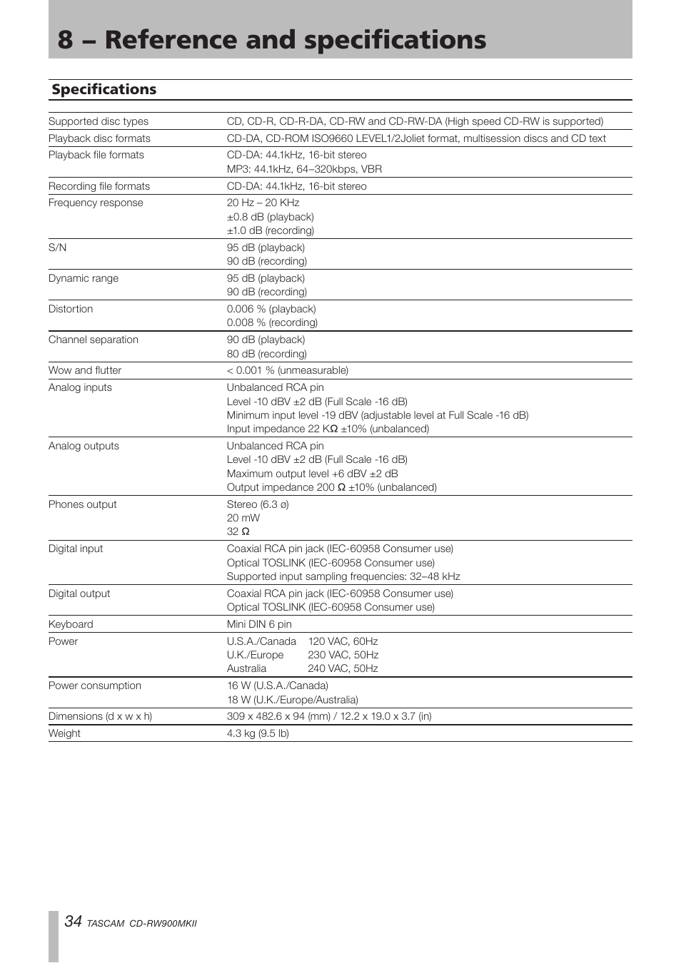 Specifications, 8 − reference and specifications | Teac CD-RW900MKII User Manual | Page 34 / 36