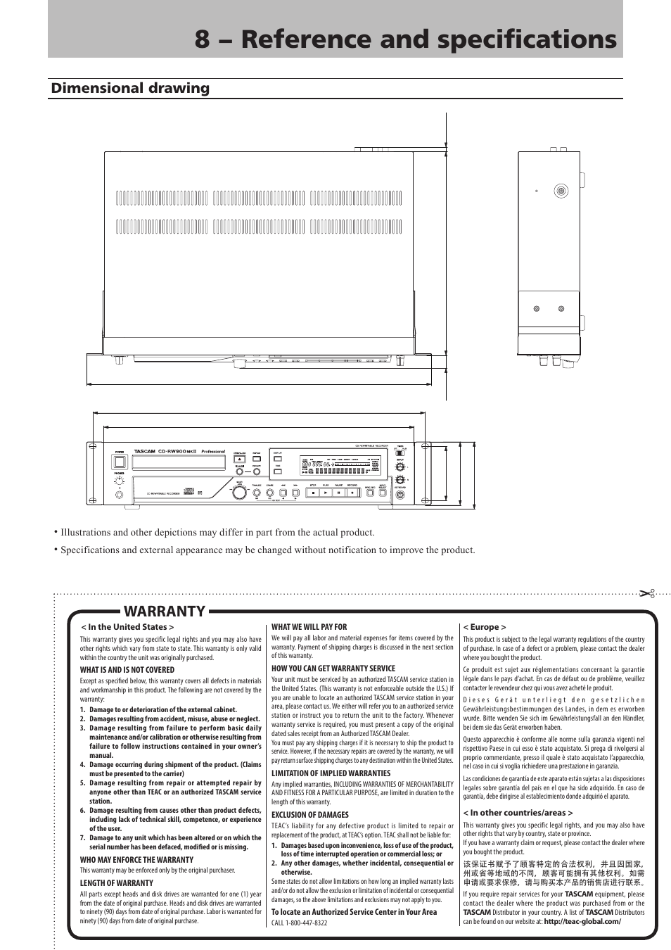 Dimensional drawing, 8 − reference and specifications, Warranty | Teac CD-RW900MKII User Manual | Page 35 / 36