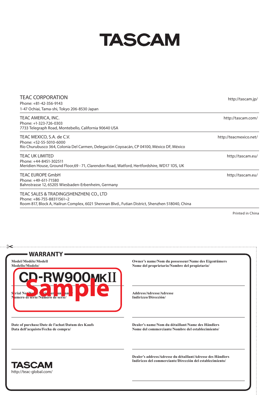 Cd-rw900, Warranty, Teac corporation | Teac CD-RW900MKII User Manual | Page 36 / 36