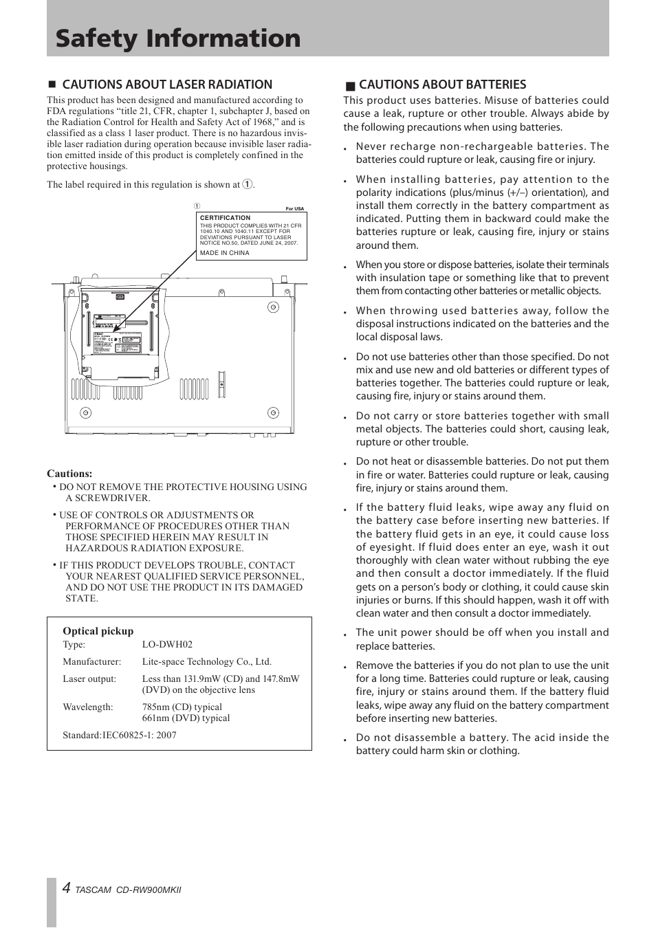 Safety information, Cautions about laser radiation, 8 cautions about batteries | Teac CD-RW900MKII User Manual | Page 4 / 36