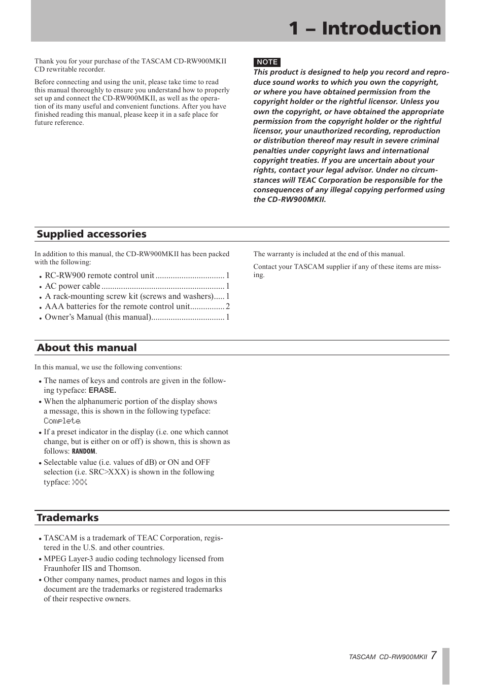 1 − introduction, Supplied accessories, About this manual | Trademarks | Teac CD-RW900MKII User Manual | Page 7 / 36