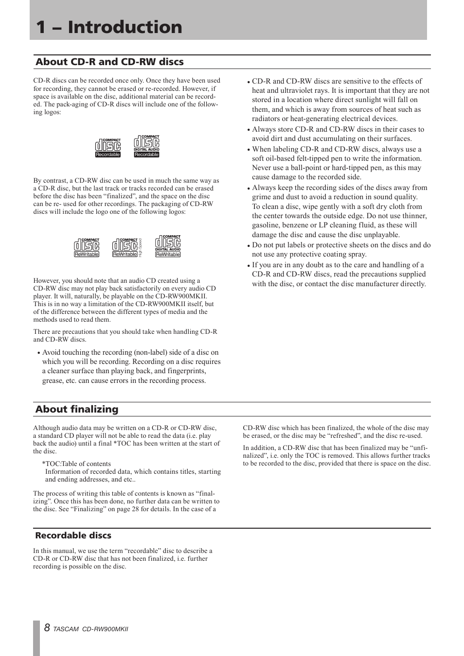 About cd-r and cd-rw discs, About finalizing, Recordable discs | 1 − introduction | Teac CD-RW900MKII User Manual | Page 8 / 36