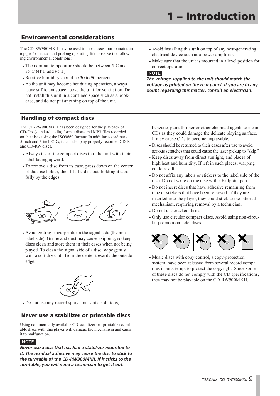 Environmental considerations, Handling of compact discs, Never use a stabilizer or printable discs | 1 − introduction | Teac CD-RW900MKII User Manual | Page 9 / 36