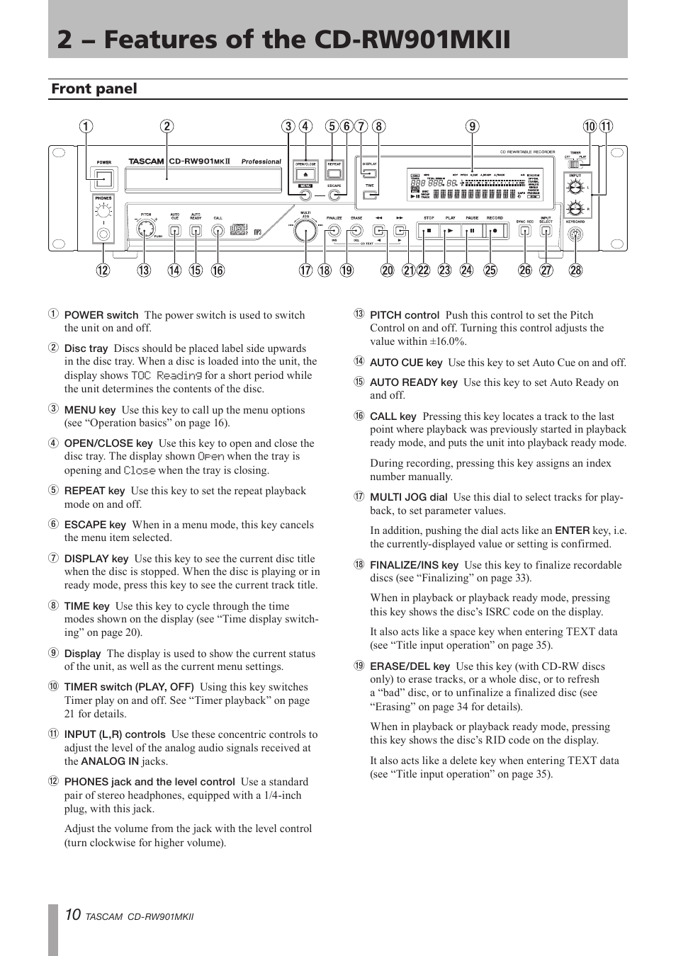 2 − features of the cd-rw901mkii, Front panel | Teac CD-RW901MKII User Manual | Page 10 / 44