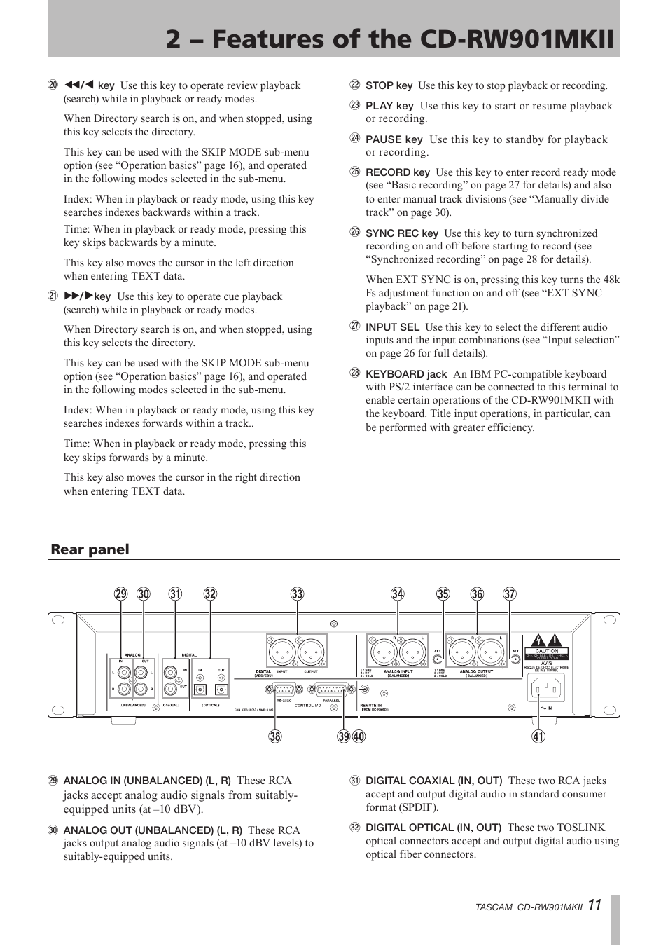 Rear panel, 2 − features of the cd-rw901mkii | Teac CD-RW901MKII User Manual | Page 11 / 44