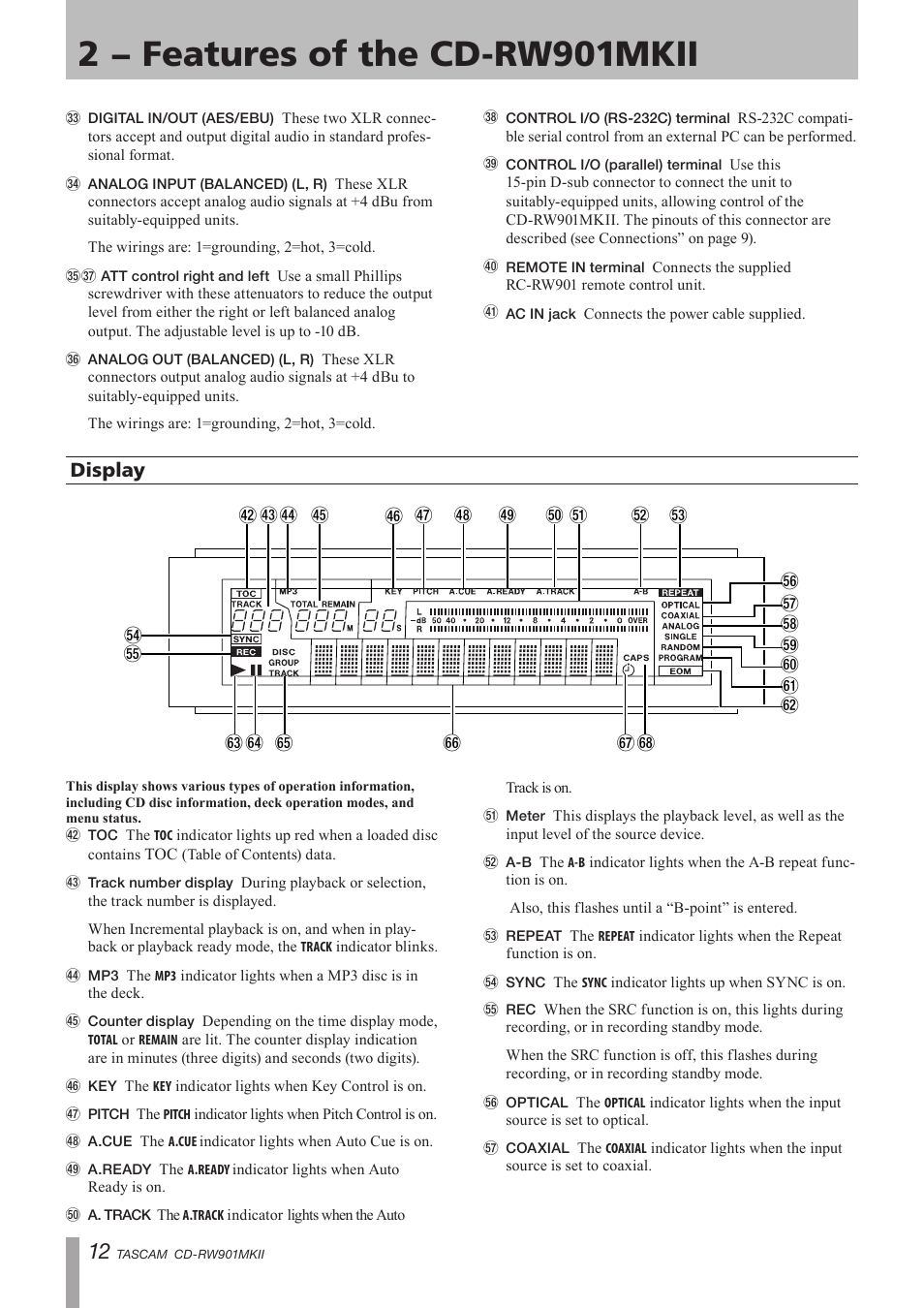 Display, 2 − features of the cd-rw901mkii | Teac CD-RW901MKII User Manual | Page 12 / 44