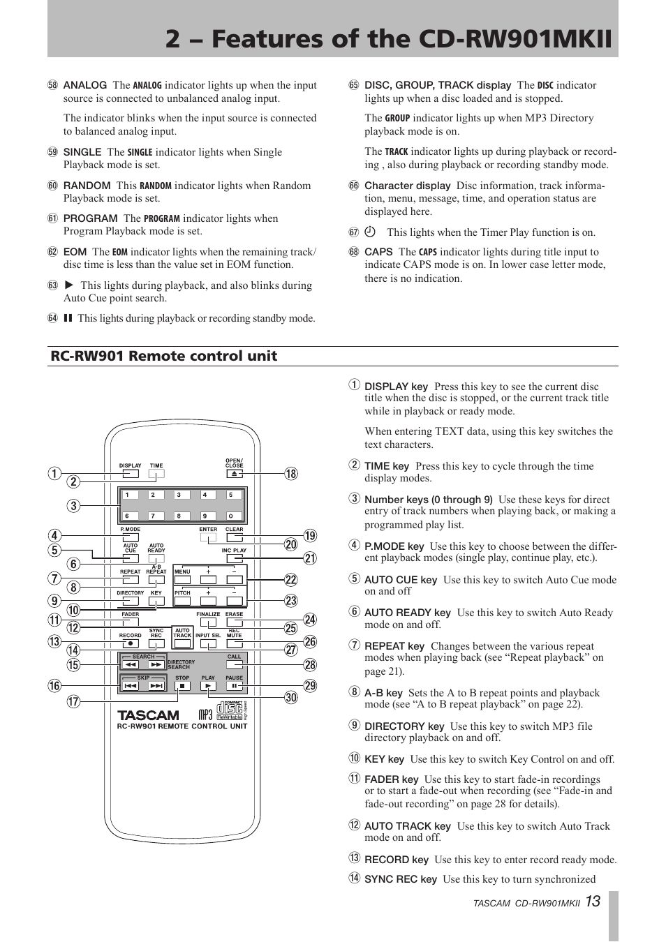 Rc-rw901 remote control unit, 2 − features of the cd-rw901mkii | Teac CD-RW901MKII User Manual | Page 13 / 44