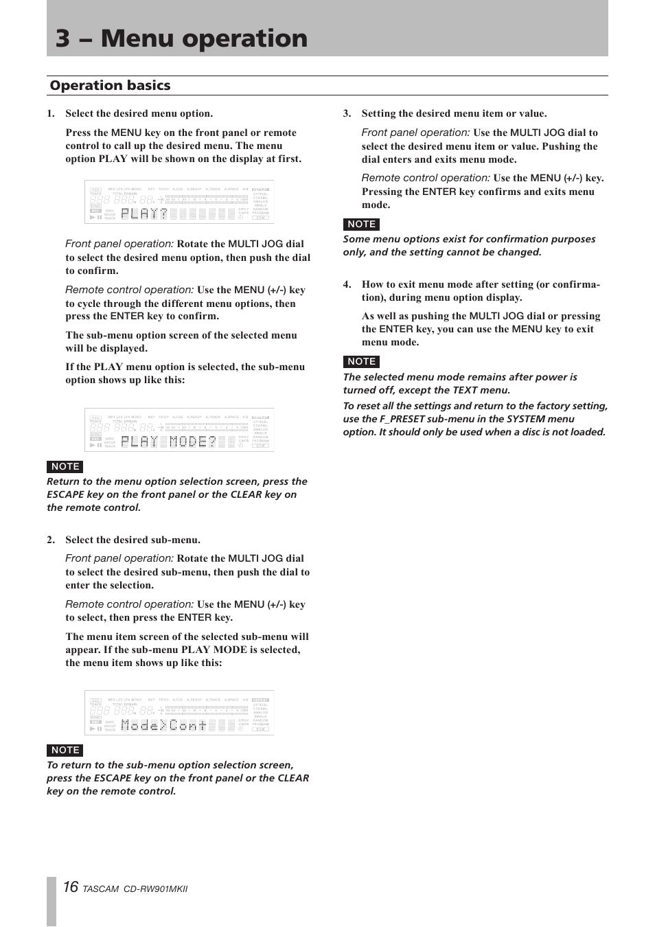 Operation basics, 3 − menu operation | Teac CD-RW901MKII User Manual | Page 16 / 44