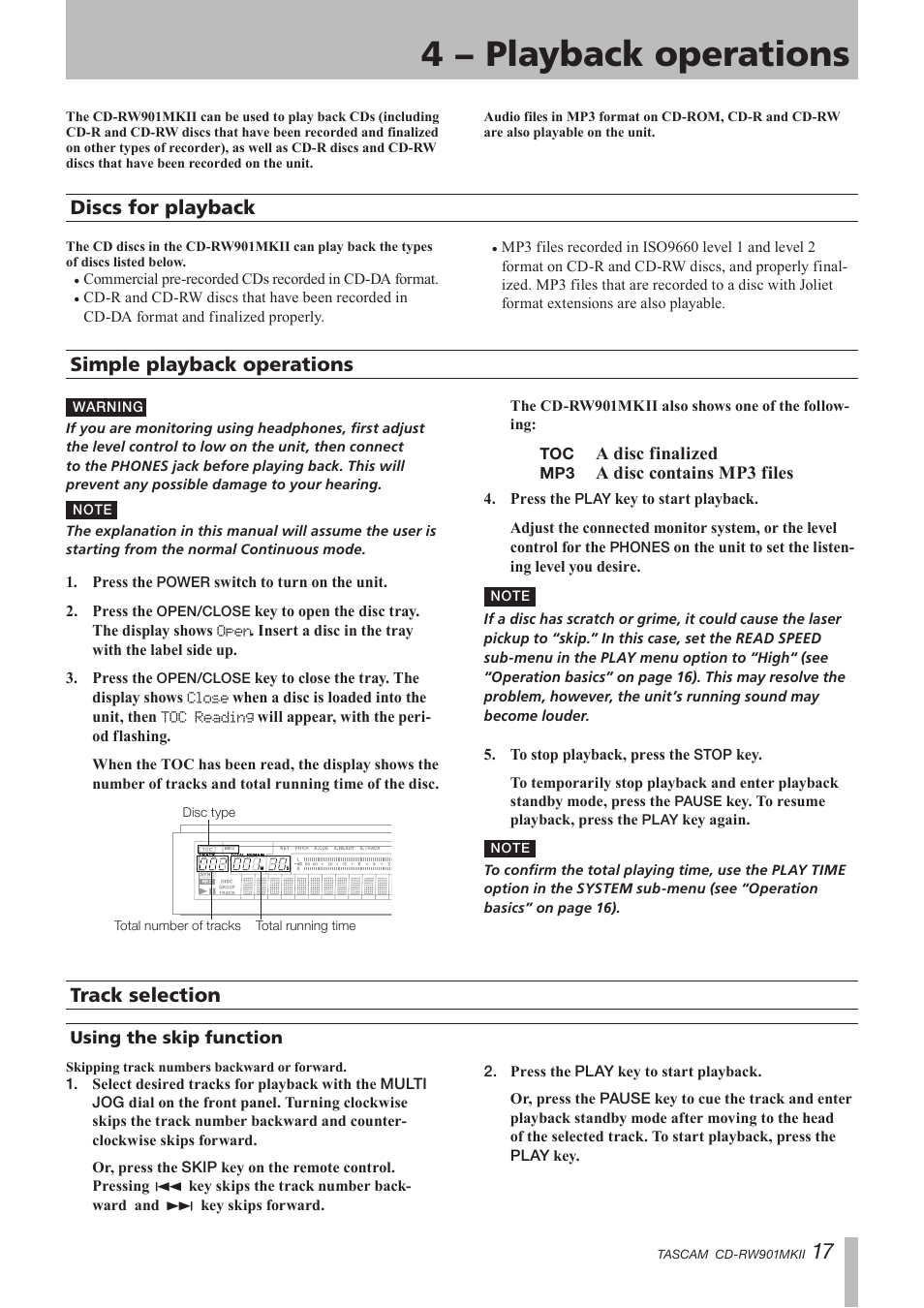 4 − playback operations, Discs for playback, Simple playback operations | Track selection, Using the skip function | Teac CD-RW901MKII User Manual | Page 17 / 44