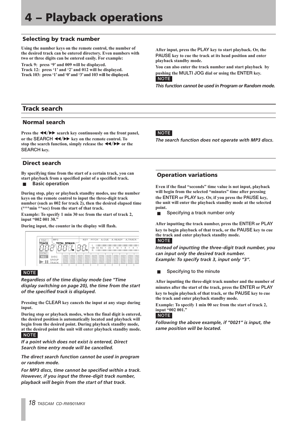 Selecting by track number, Track search, Normal search | Direct search, Basic operation, Operation variations, Specifying a track number only, Specifying to the minute, Normal search direct search, 4 − playback operations | Teac CD-RW901MKII User Manual | Page 18 / 44