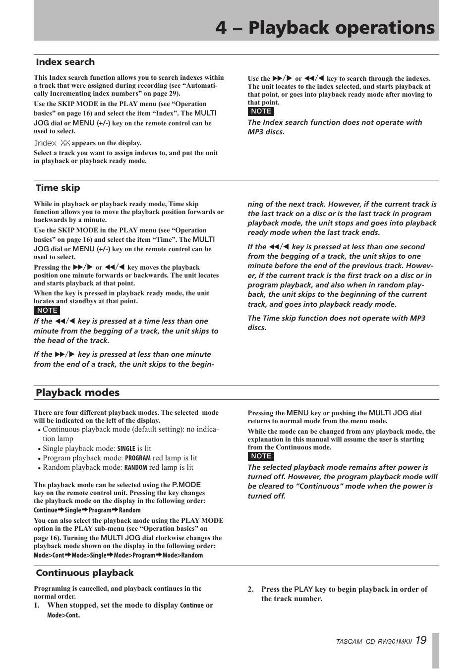 Index search, Time skip, Playback modes | Continuous playback, Index search time skip, 4 − playback operations | Teac CD-RW901MKII User Manual | Page 19 / 44