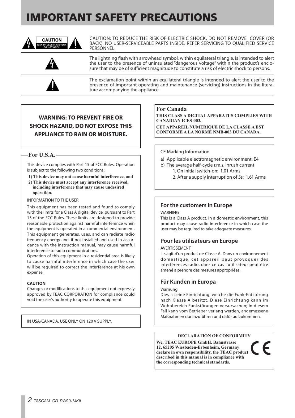 Important safety precautions | Teac CD-RW901MKII User Manual | Page 2 / 44