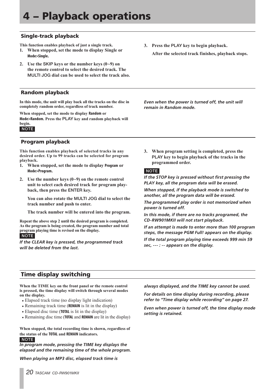 Single-track playback, Random playback, Program playback | Time display switching, 4 − playback operations | Teac CD-RW901MKII User Manual | Page 20 / 44