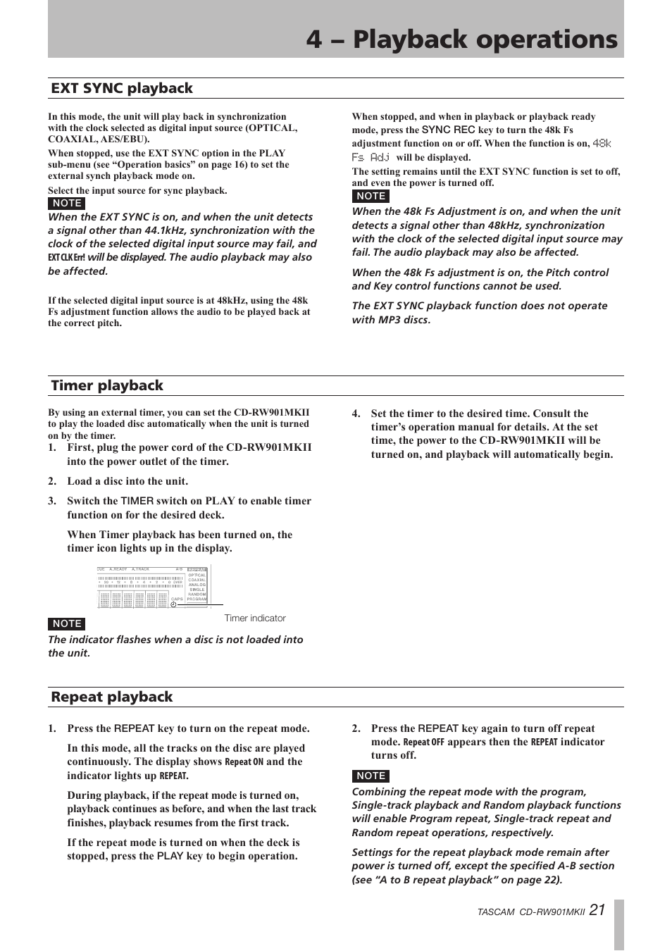 Ext sync playback, Timer playback, Repeat playback | 4 − playback operations | Teac CD-RW901MKII User Manual | Page 21 / 44