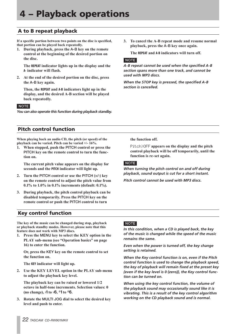 A to b repeat playback, Pitch control function, Key control function | 4 − playback operations | Teac CD-RW901MKII User Manual | Page 22 / 44