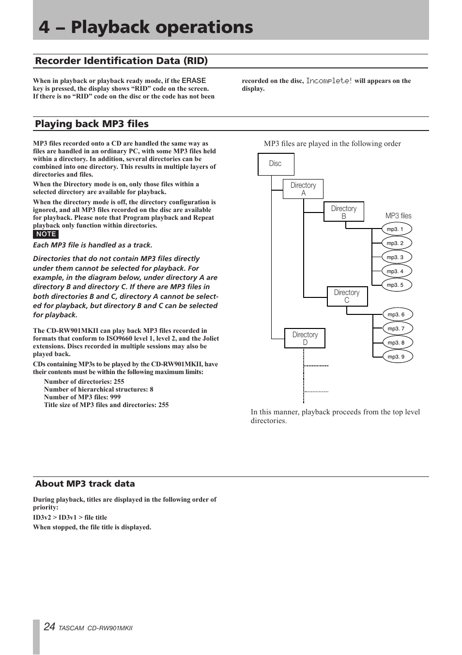 Recorder identification data (rid), Playing back mp3 files, About mp3 track data | 4 − playback operations | Teac CD-RW901MKII User Manual | Page 24 / 44