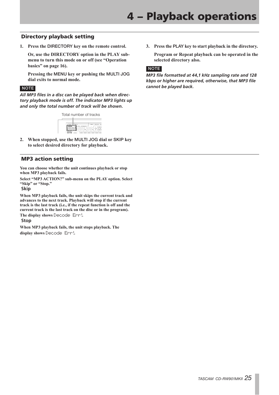 Directory playback setting, Mp3 action setting, Directory playback setting mp3 action setting | 4 − playback operations | Teac CD-RW901MKII User Manual | Page 25 / 44