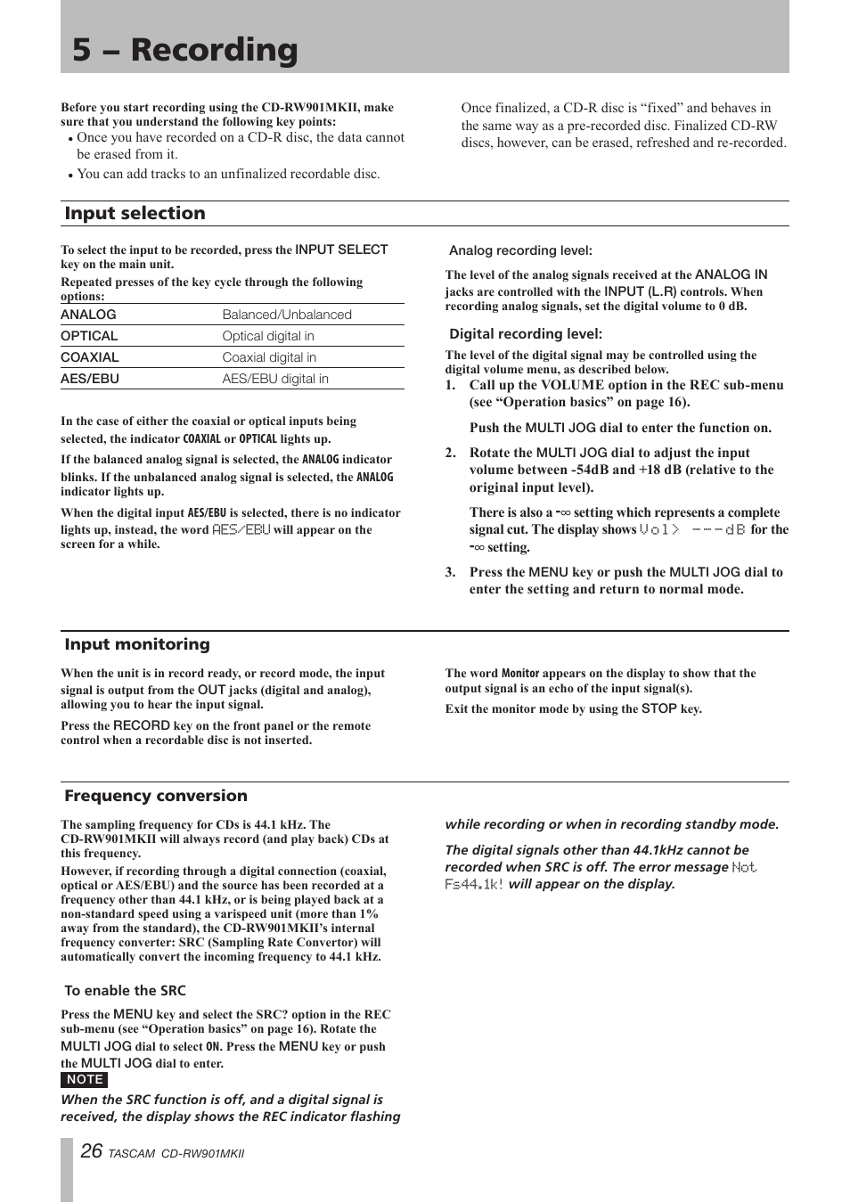 5 − recording, Input selection, Input monitoring | Frequency conversion, Input monitoring frequency conversion | Teac CD-RW901MKII User Manual | Page 26 / 44