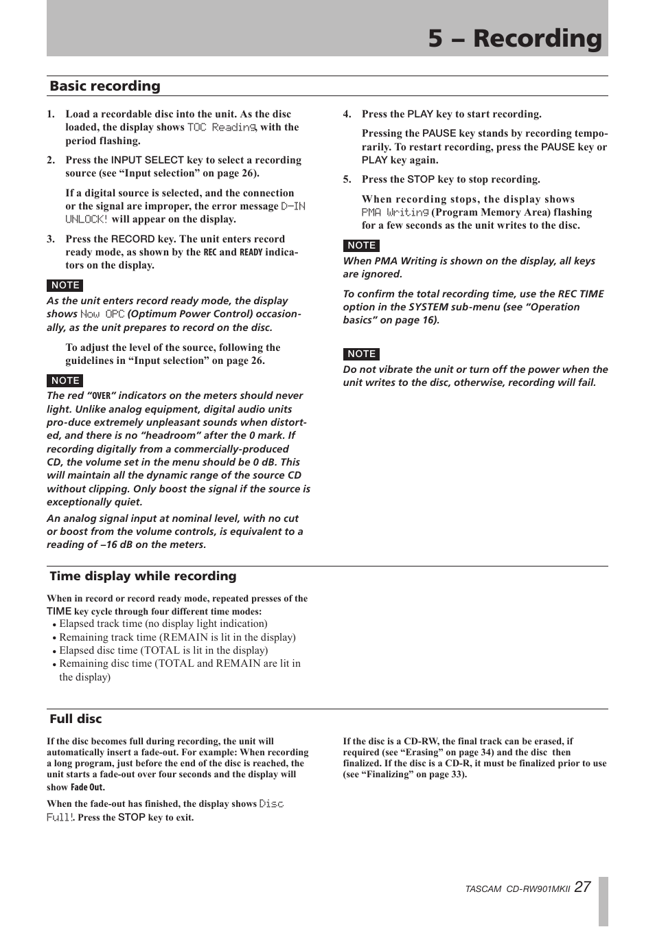 Basic recording, Time display while recording, Full disc | Time display while recording full disc, 5 − recording | Teac CD-RW901MKII User Manual | Page 27 / 44