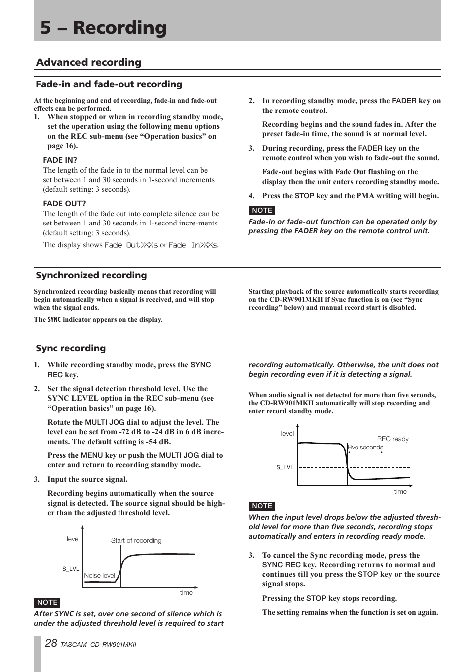 Advanced recording, Fade-in and fade-out recording, Synchronized recording | Sync recording, 5 − recording | Teac CD-RW901MKII User Manual | Page 28 / 44