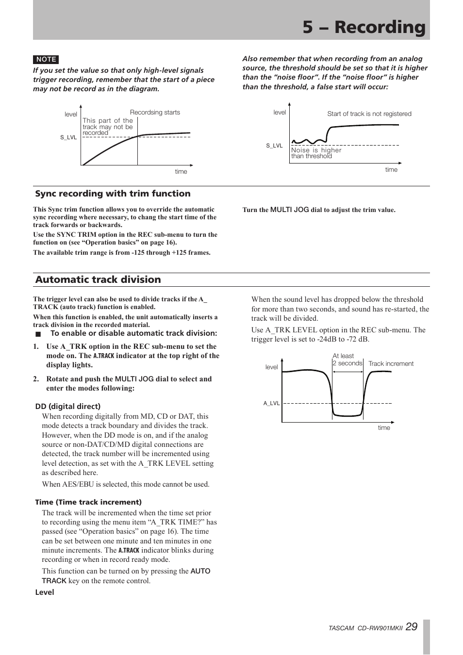 Sync recording with trim function, Automatic track division, To enable or disable automatic track division | 5 − recording | Teac CD-RW901MKII User Manual | Page 29 / 44