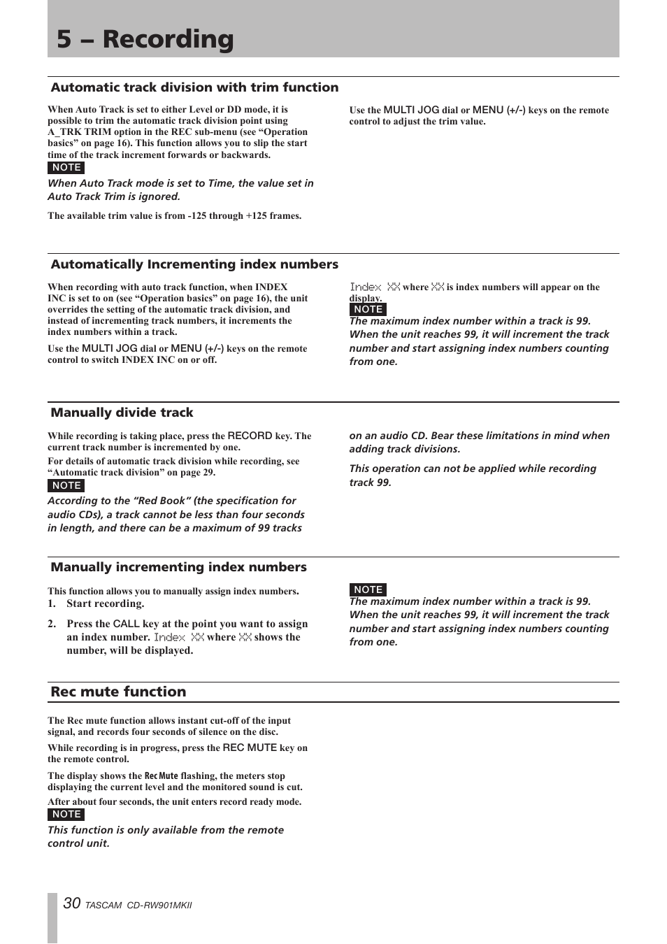 Automatic track division with trim function, Automatically incrementing index numbers, Manually divide track | Manually incrementing index numbers, Rec mute function, 5 − recording | Teac CD-RW901MKII User Manual | Page 30 / 44