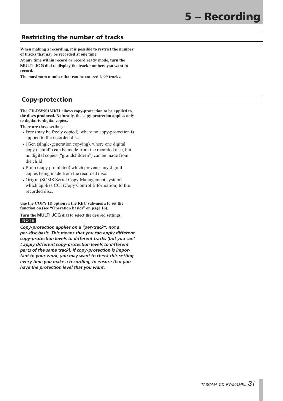 Restricting the number of tracks, Copy-protection, 5 − recording | Teac CD-RW901MKII User Manual | Page 31 / 44