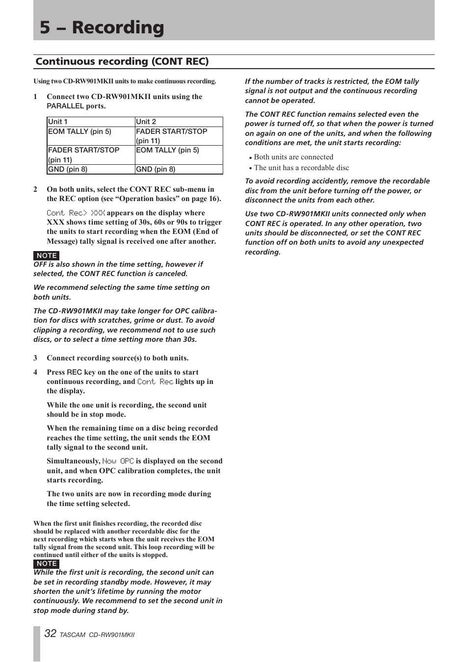 Continuous recording (cont rec), 5 − recording | Teac CD-RW901MKII User Manual | Page 32 / 44