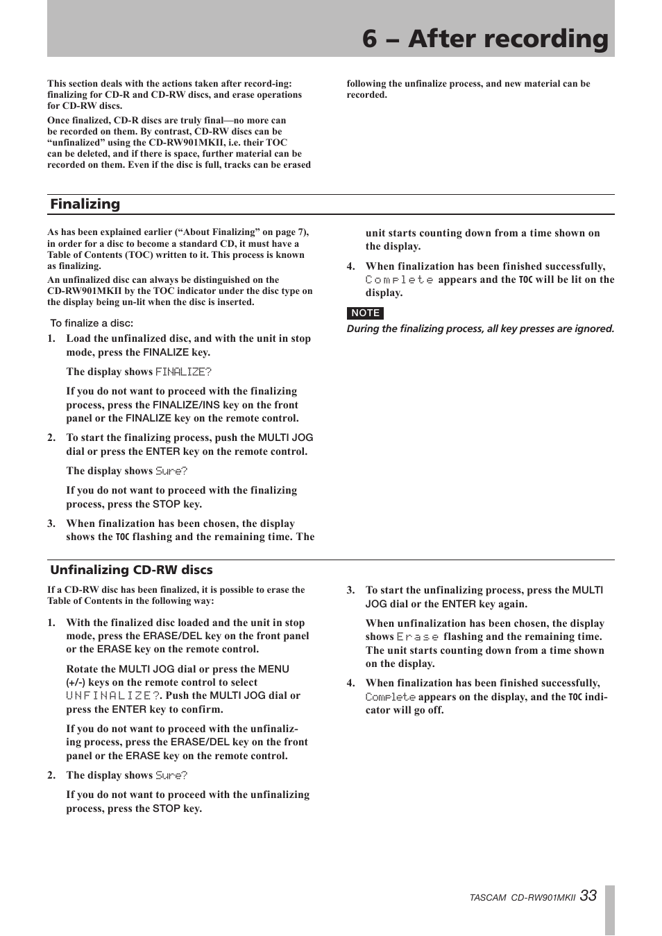 6 − after recording, Finalizing, Unfinalizing cd-rw discs | Teac CD-RW901MKII User Manual | Page 33 / 44