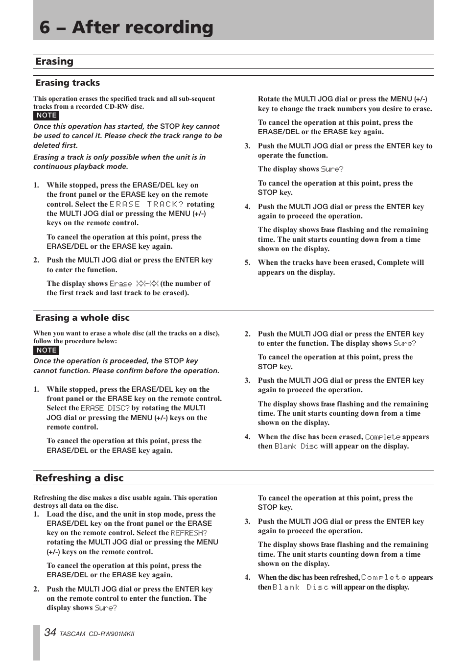 Erasing, Erasing tracks, Erasing a whole disc | Refreshing a disc, Erasing tracks erasing a whole disc, 6 − after recording | Teac CD-RW901MKII User Manual | Page 34 / 44