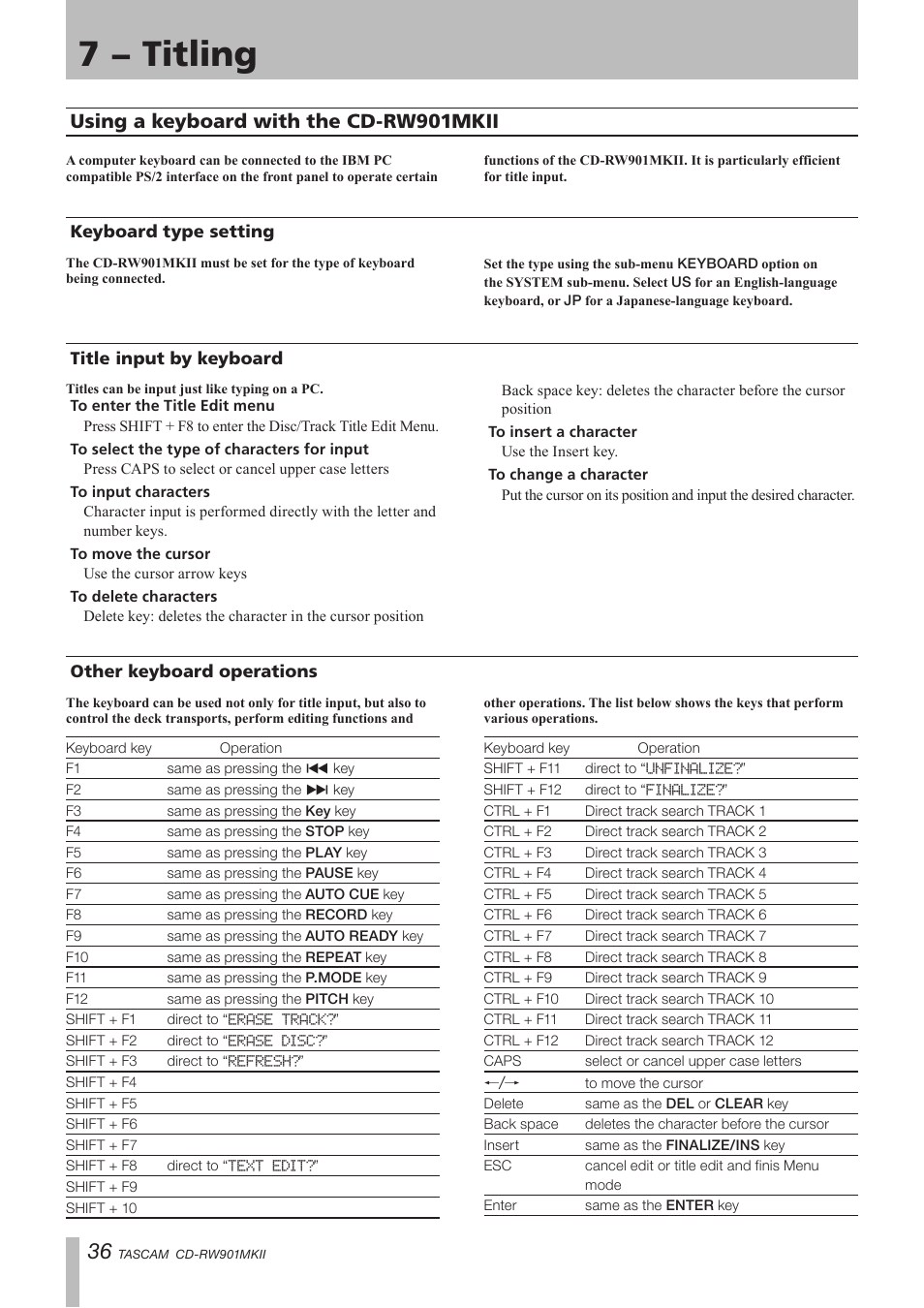 Using a keyboard with the cd-rw901mkii, Keyboard type setting, Title input by keyboard | Other keyboard operations, Using a keyboard with the cd-rw901mkii 36, 7 − titling, Important safety precautions | Teac CD-RW901MKII User Manual | Page 36 / 44