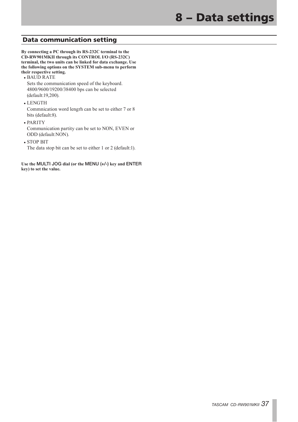 8 − data settings, Data communication setting | Teac CD-RW901MKII User Manual | Page 37 / 44