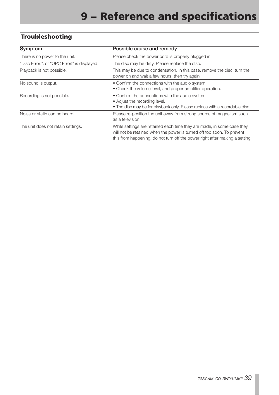 Troubleshooting, 9 − reference and specifications | Teac CD-RW901MKII User Manual | Page 39 / 44