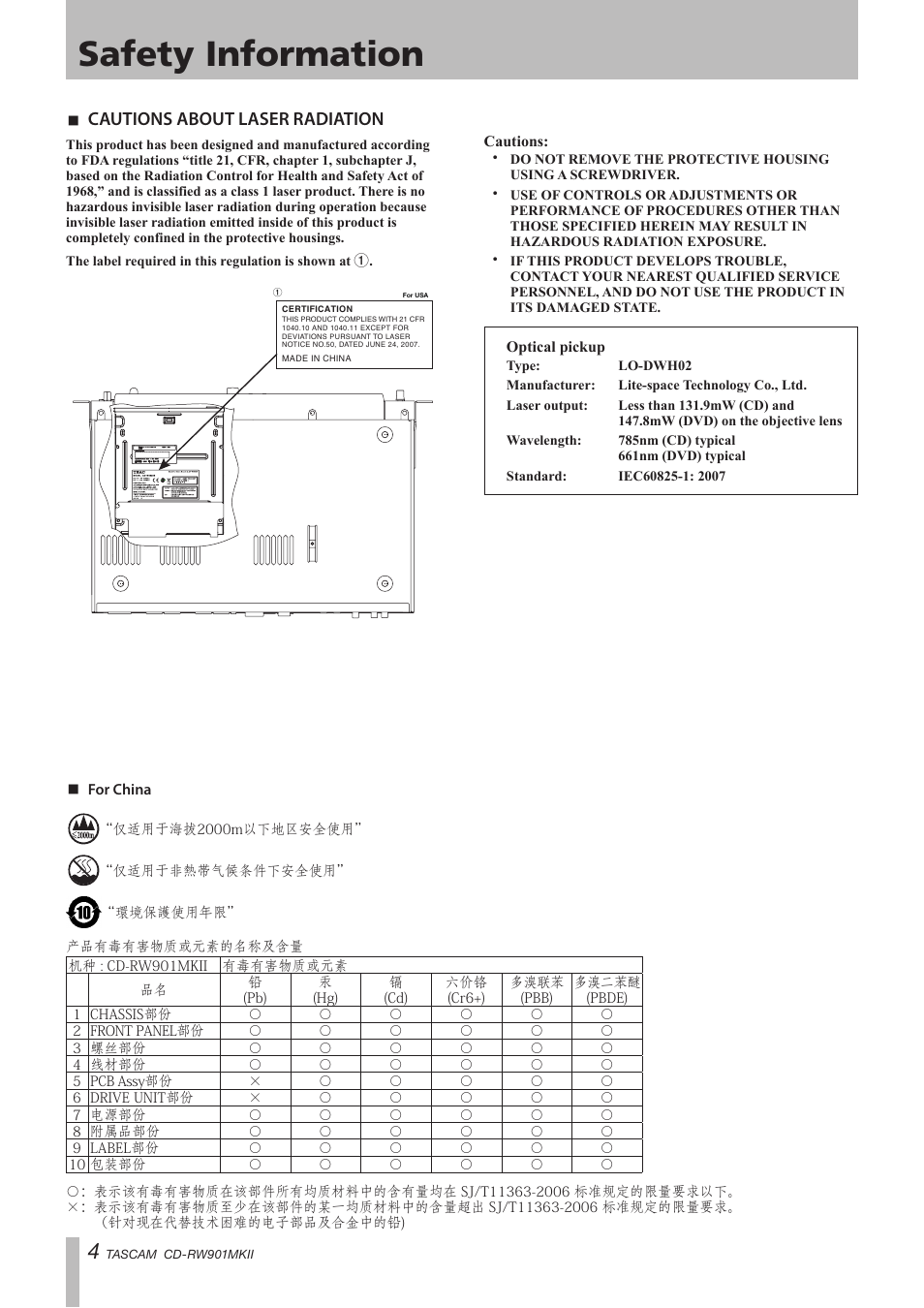 Safety information, Cautions about laser radiation | Teac CD-RW901MKII User Manual | Page 4 / 44