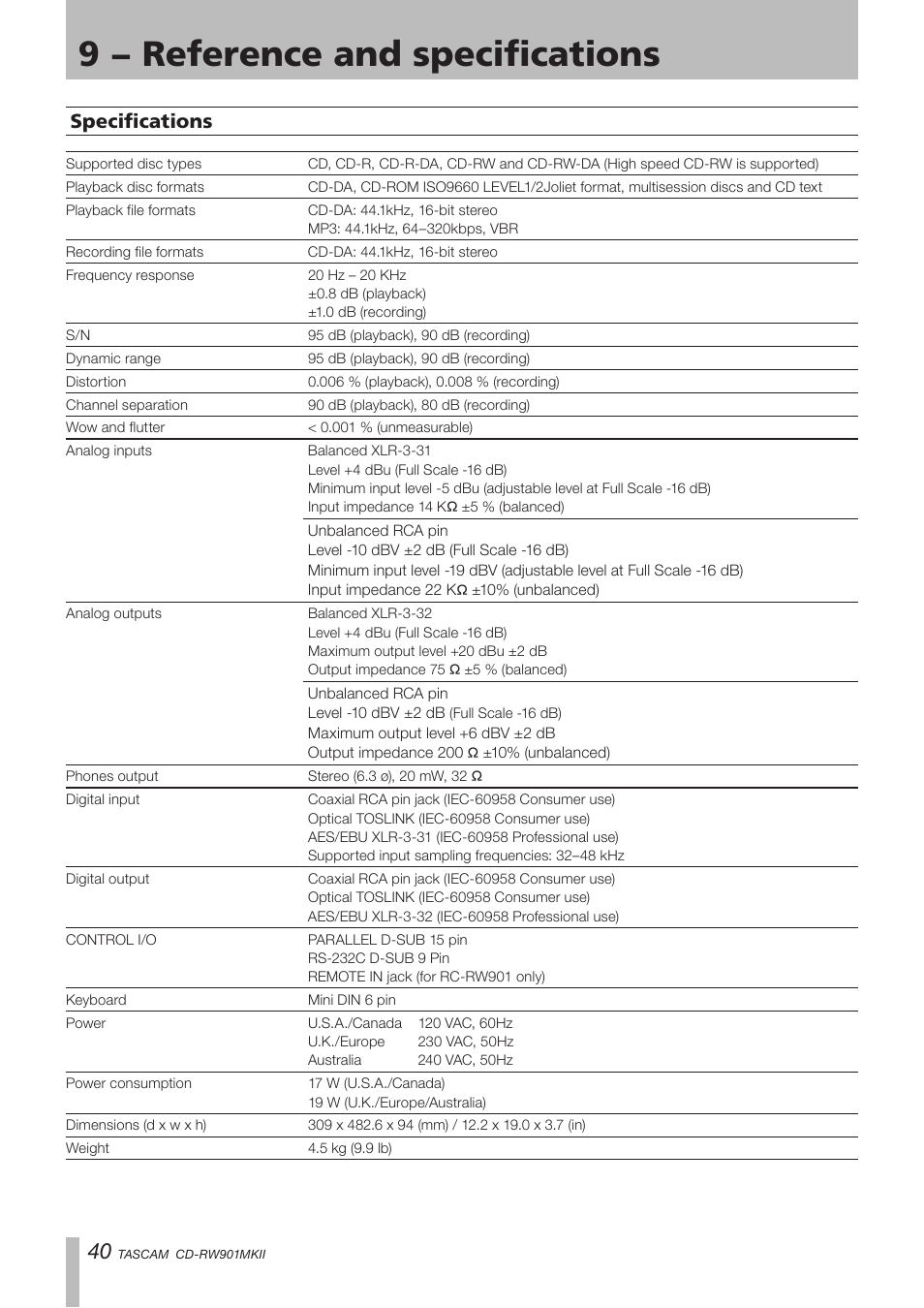 Specifications, 9 − reference and specifications | Teac CD-RW901MKII User Manual | Page 40 / 44