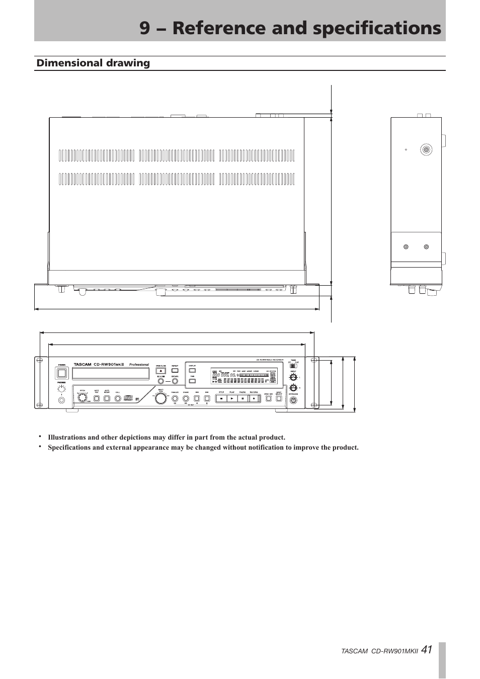 Dimensional drawing, 9 − reference and specifications | Teac CD-RW901MKII User Manual | Page 41 / 44