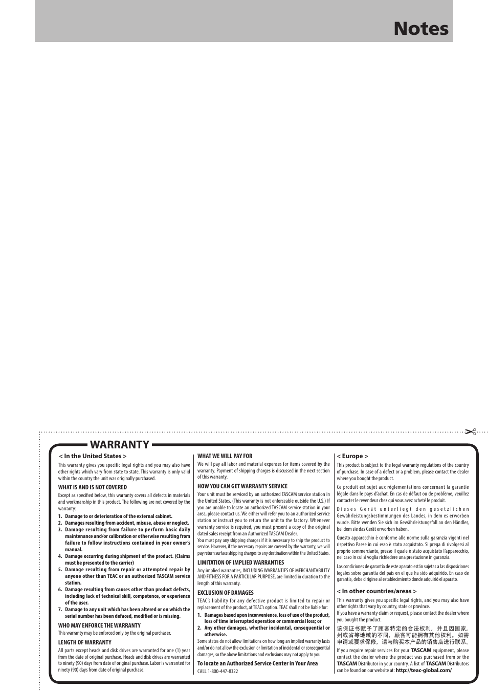 Warranty | Teac CD-RW901MKII User Manual | Page 43 / 44