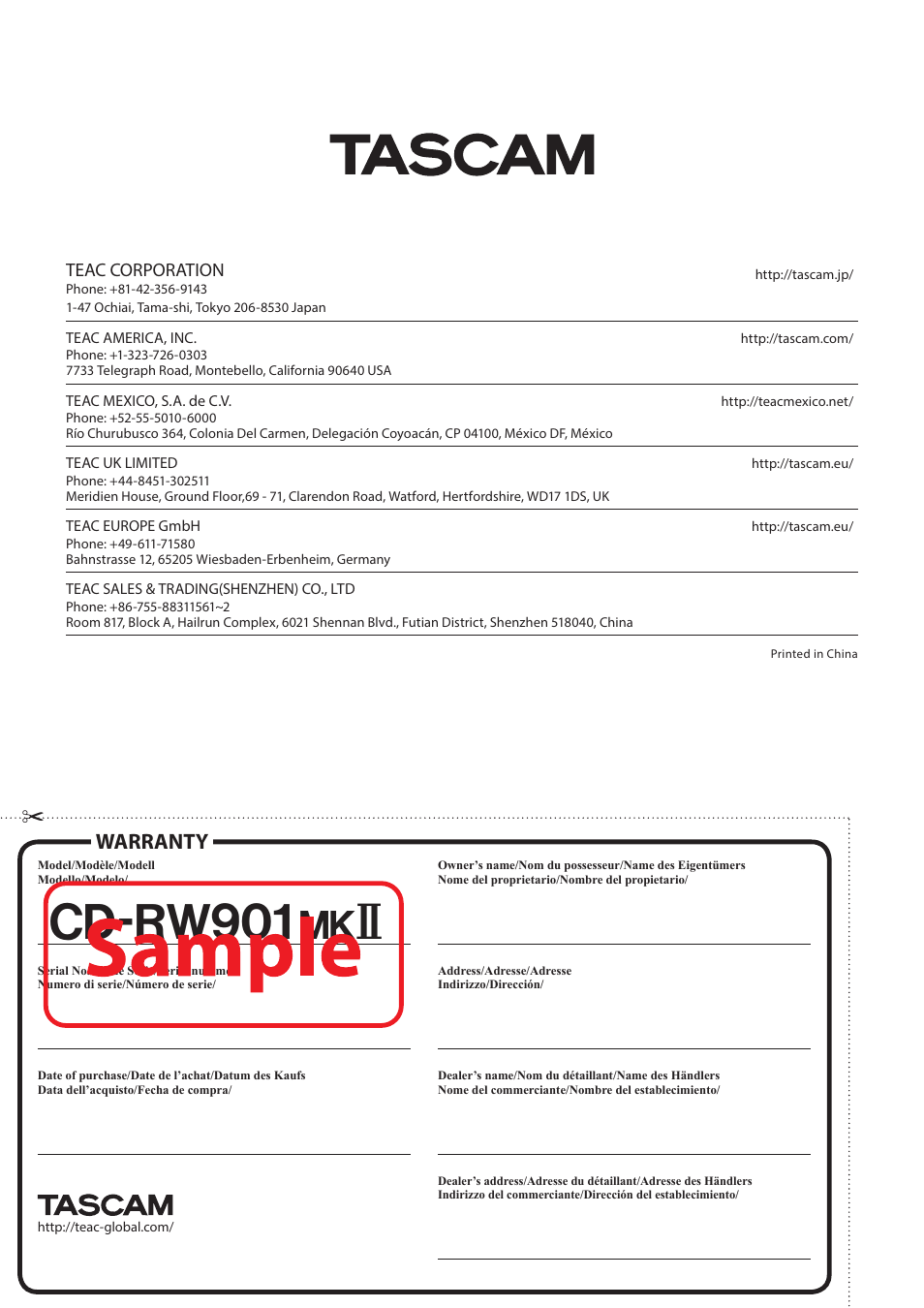 Cd-rw901, Warranty | Teac CD-RW901MKII User Manual | Page 44 / 44