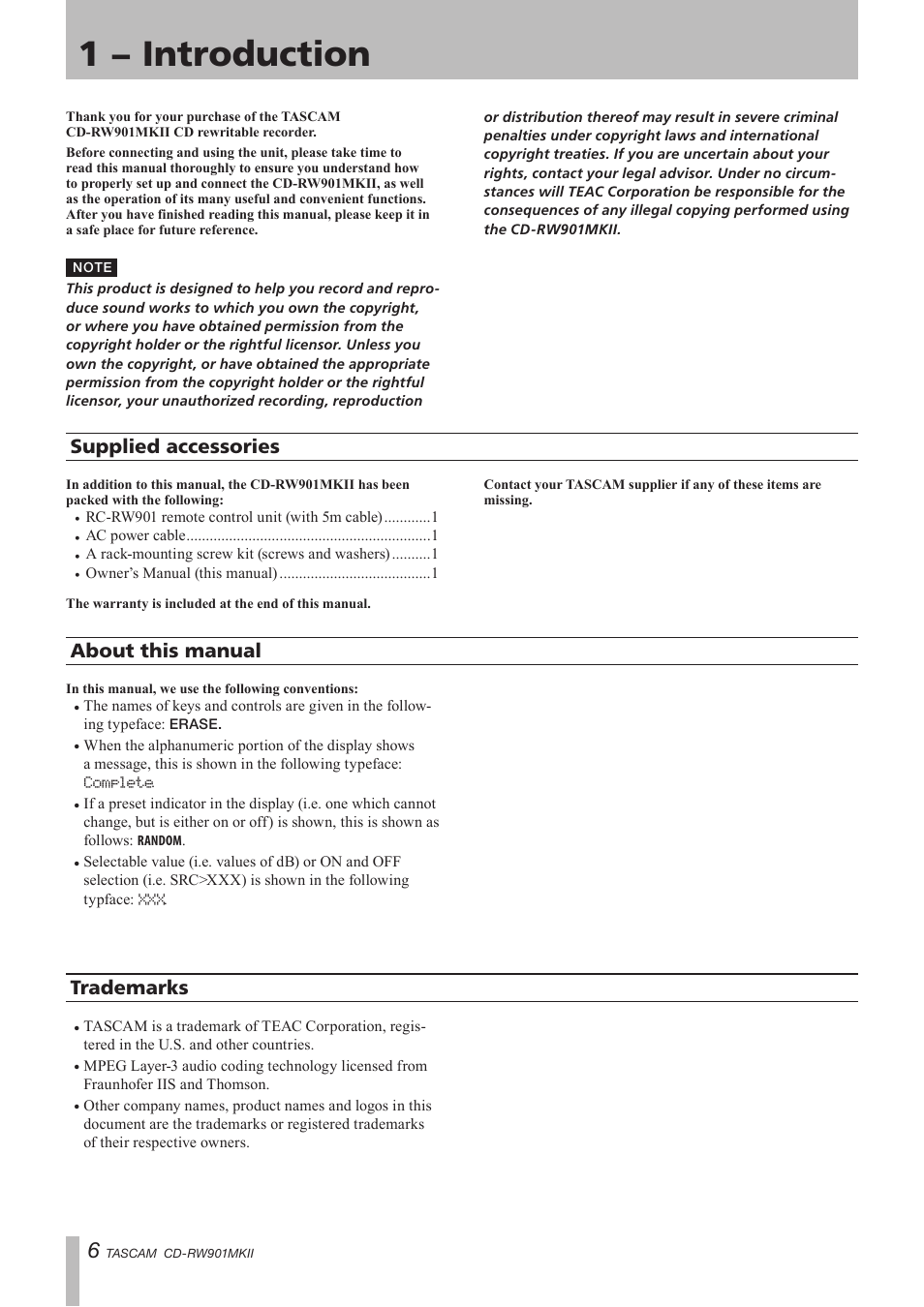 1 − introduction, Supplied accessories, About this manual | Trademarks | Teac CD-RW901MKII User Manual | Page 6 / 44